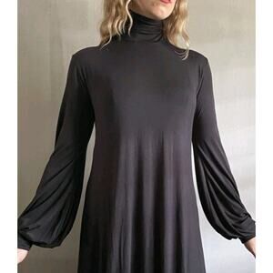 Whimsical Black Flowy Mini Dress Long Puff Sleeves L Ruched Mock Keyhole Buttons